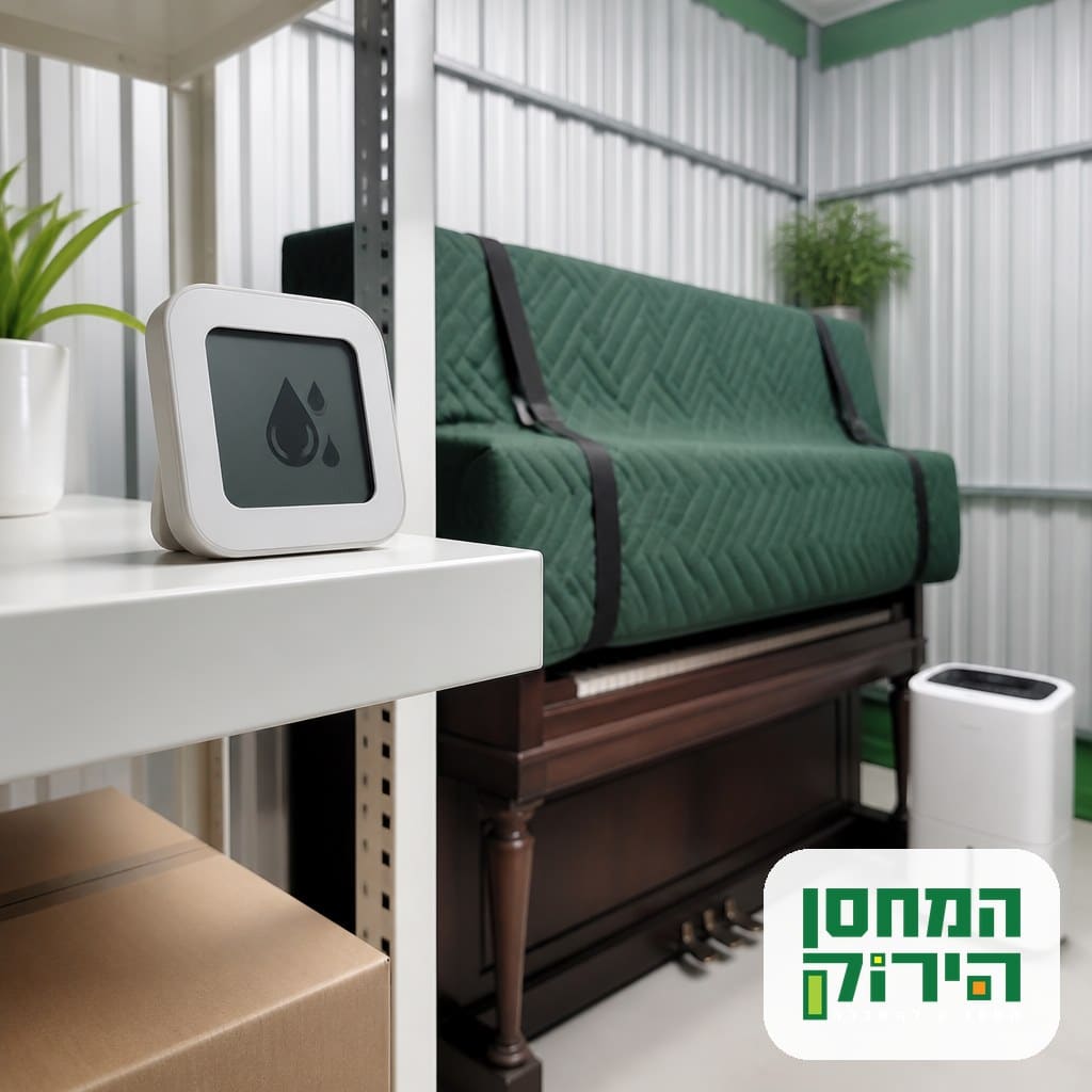 מד לחות דיגיטלי ומייבש אוויר קטן לצד פסנתר מכוסה במחסן, לשמירה על תנאי אקלים יציבים