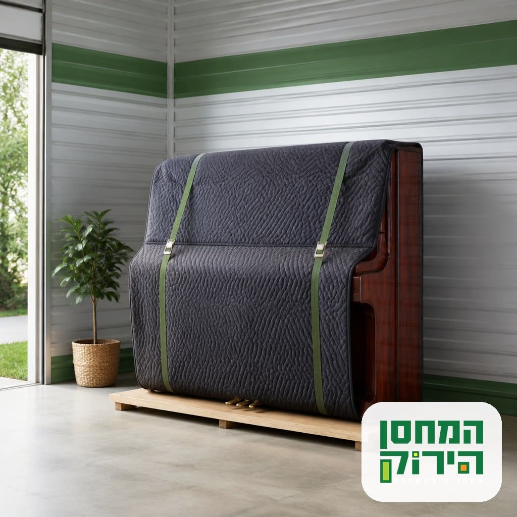 אחסון פסנתר עומד ביחידת אחסון נקייה, הכלי עטוף בשמיכות ריפוד ומונח על משטח עץ