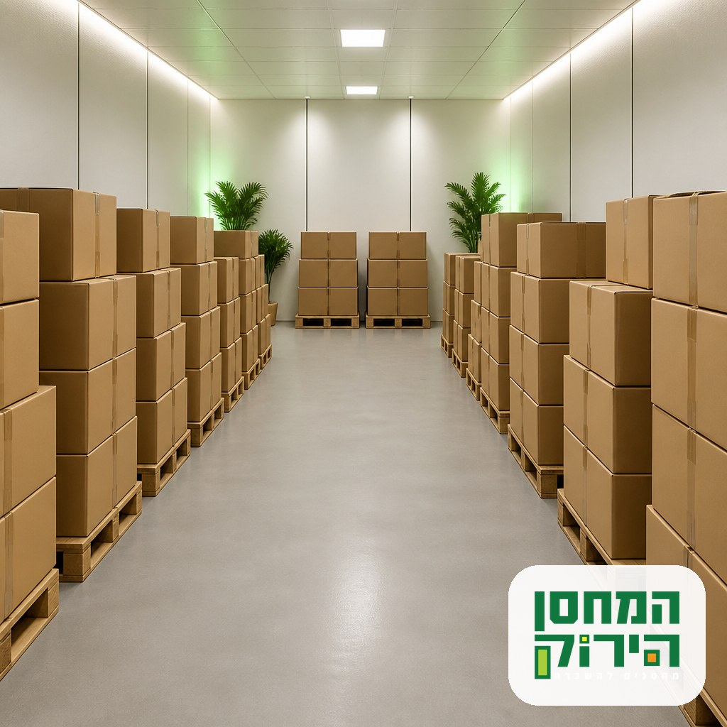 ארגזים מסומנים על משטחים מוגבהים במחסן סגור עם מעבר פנוי