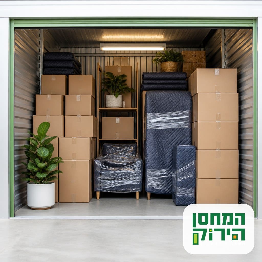 אחסון בפינוי בינוי: ארגזים מסומנים ורהיטים עטופים ביחידת אחסון מסודרת