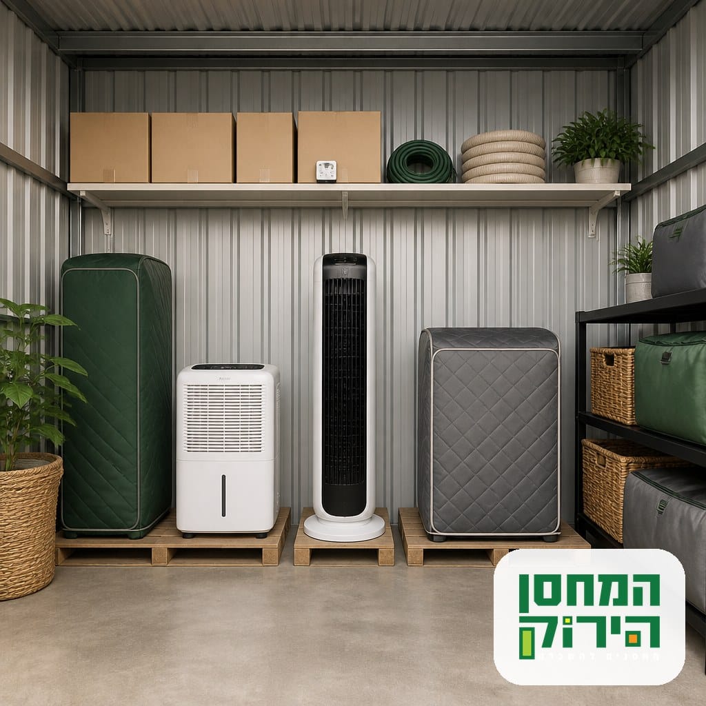 סידור ציוד עונתי במחסן, מייבש אוויר ומאוורר עומדים על משטחים עם מרווח אוורור ביניהם