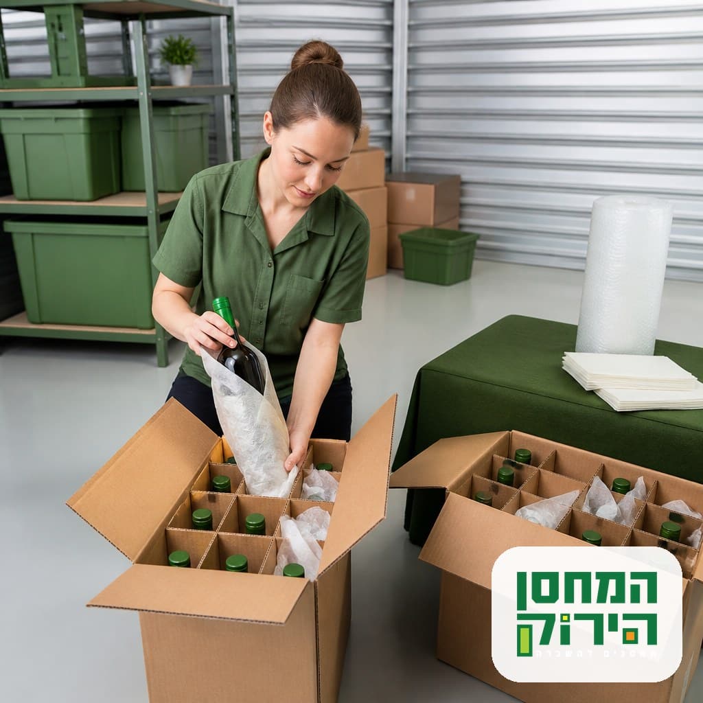 ארגזי יין עם מחיצות פנימיות שנארזים בקבוק אחר בקבוק במחסן מסודר