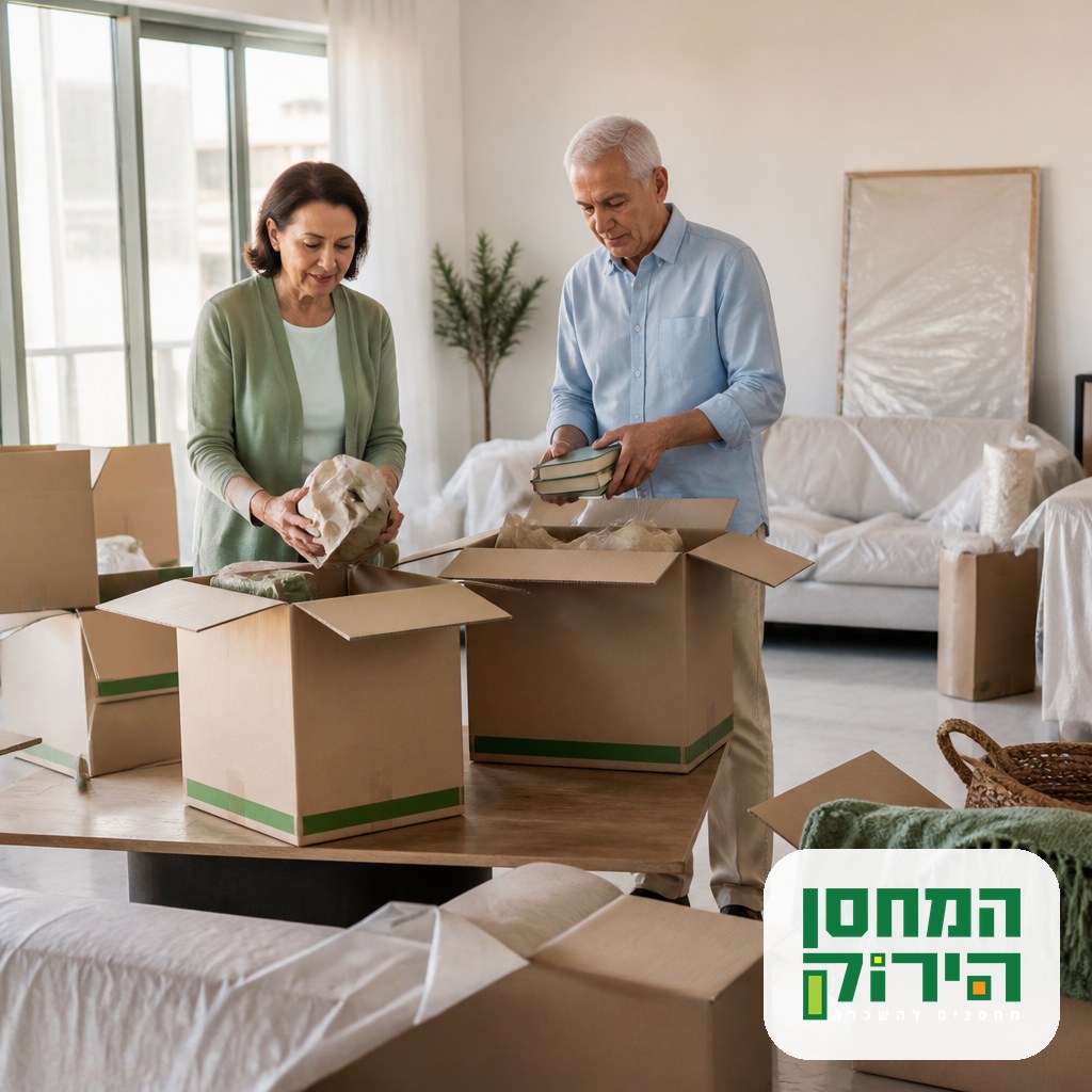 אחסון בהקטנת דירה, זוג ממיין רהיטים וארגזים לפני מעבר לדירה קטנה יותר