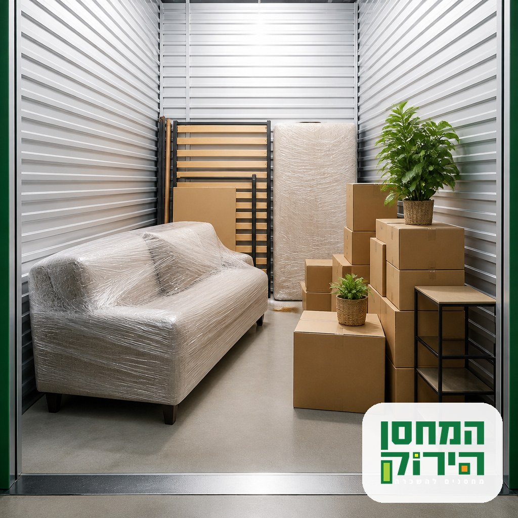 אחסון ריהוט של דירה להשכרה ביחידת אחסון פנימית, ספה מכוסה וארונות מפורקים