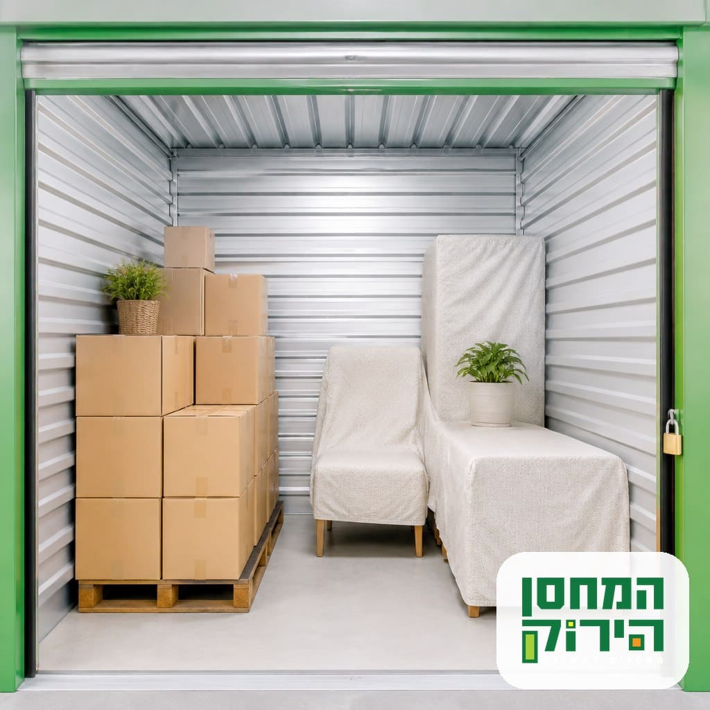 יחידת אחסון פרטית עם ארגזים אטומים ורהיטים מכוסים לאחסון ארוך בזמן שהות בחוץ