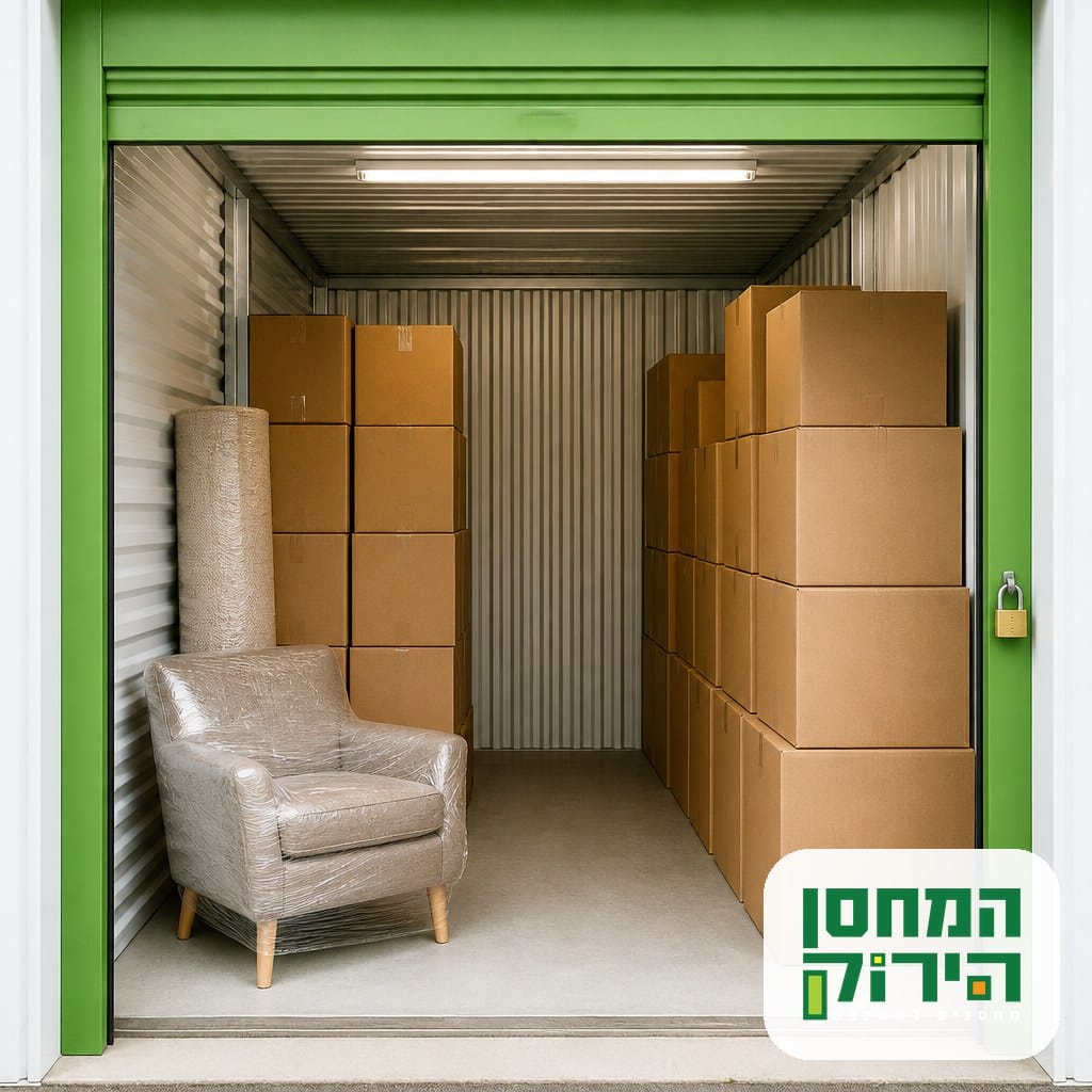 יחידת אחסון משותפת עם ארגזים מסומנים בשני צדדים ומעבר באמצע