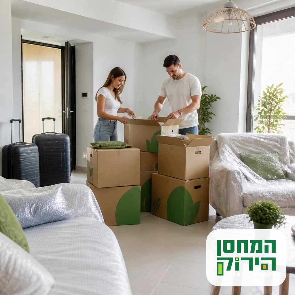 אחסון לפני נסיעה לחו"ל, זוג אורז ארגזים מסומנים ומזוודות בדירה לפני טיסה ארוכה